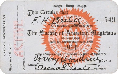 Harry Houdini Expectionally Signed 1920 Magicians Identification Card (PSA/JSA Guaranteed)