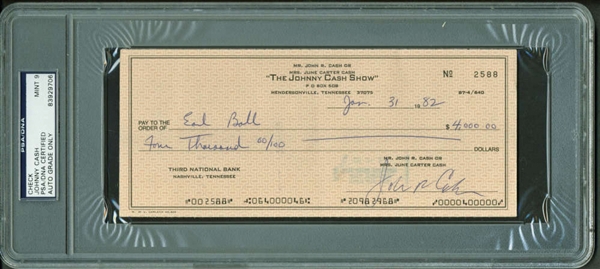 Johnny Cash Signed 1982 Personal Bank Check PSA/DNA Graded MINT 9!