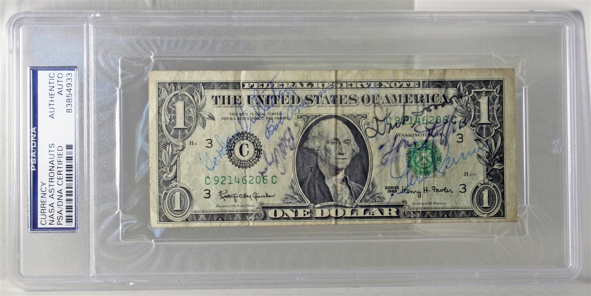 Astronauts Multi Signed $1 Bill with Neil Armstrong, Gordon, Cernan, etc (PSA/DNA Encapsulated)