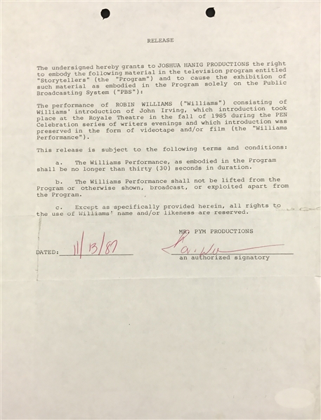 Robin Williams Signed 8.5" x 11" Document Regarding PBS "Storytellers" (PSA/DNA)
