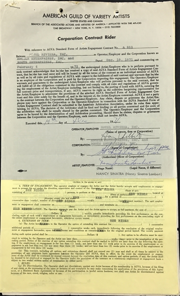 Nancy Sinatra Desirable Signed Performance Contract for the Hotel Riviera in Las Vegas (1971)(PSA/DNA)