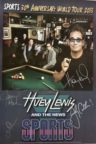Huey Lewis & The News Group Signed 13" x 19" 30th Anniversary Commemorative Poster for "Sports" (PSA/JSA Guaranteed)