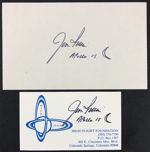 Apollo 15: Jim Irwin Lot of Two (2) Signed Items with Business Card & Index Card (TPA Guaranteed)
