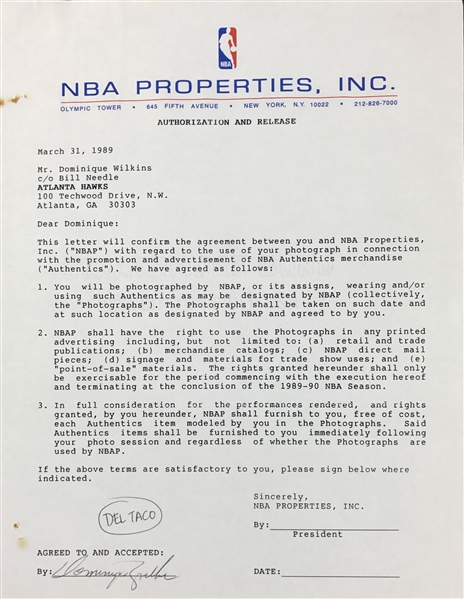 Dominique Wilkins Signed NBA Properties Release Form (TPA Guaranteed)