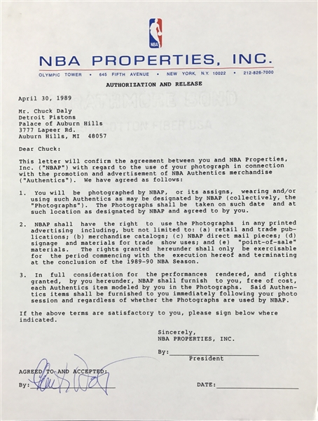 Chuck Daly Signed NBA Properties Release Form (TPA Guaranteed)