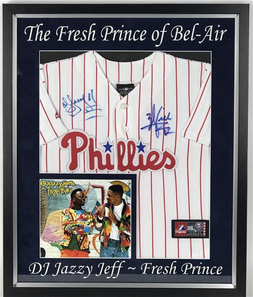 DJ Jazzy Jeff & Fresh Prince: Will Smith & DJ Jazzy Jeff Signed Phillies Jersey in Custom Framed Display (TPA Guaranteed)