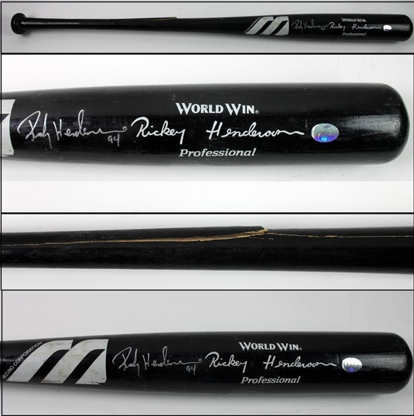 Rickey Henderson Game Used & Signed Cracked Personal Model Mizuno Baseball Bat (PSA/DNA)