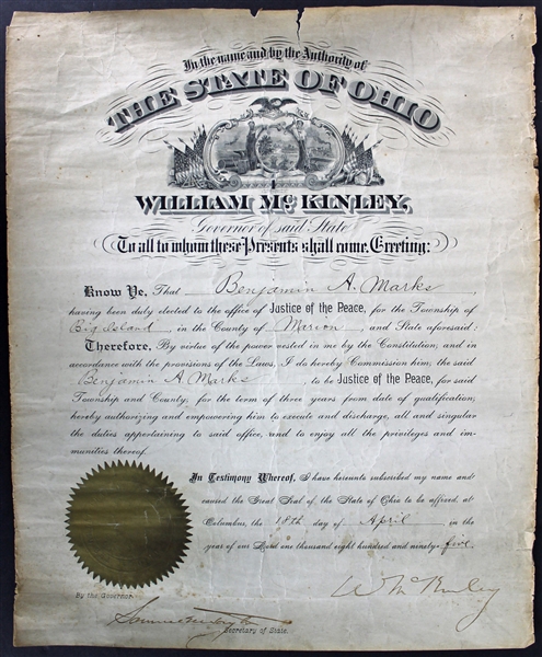 William McKinley Signed 1895 Document as Governor of Ohio (PSA/DNA)