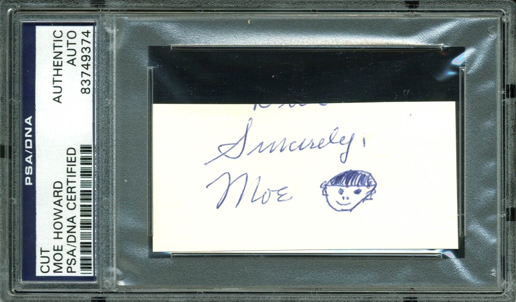 The Three Stooges: Moe Howard Signed 1.5" x 3.25" Cut w/ Self-Portrait Doodle (PSA/DNA Encapsulated)