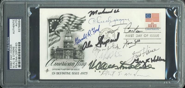 American Legends Signed 1975 First Day Cover w/ Muhammad Ali, Gerald Ford, and 10 More! (PSA/DNA Encapsulated)