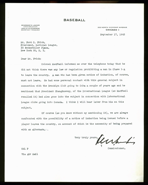 Kenesaw Mountain Landis Signed Typewritten 1943 Letter to Ford Frick (PSA/DNA)