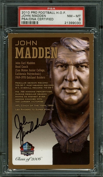 John Madden Signed 2010 Pro Football Hall of Fame Postcard (PSA Graded NM-MT 8)