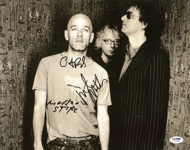 R.E.M. Band Signed 11" x 14" Photo w/ Stipe, Buck, & Mills (PSA/DNA)
