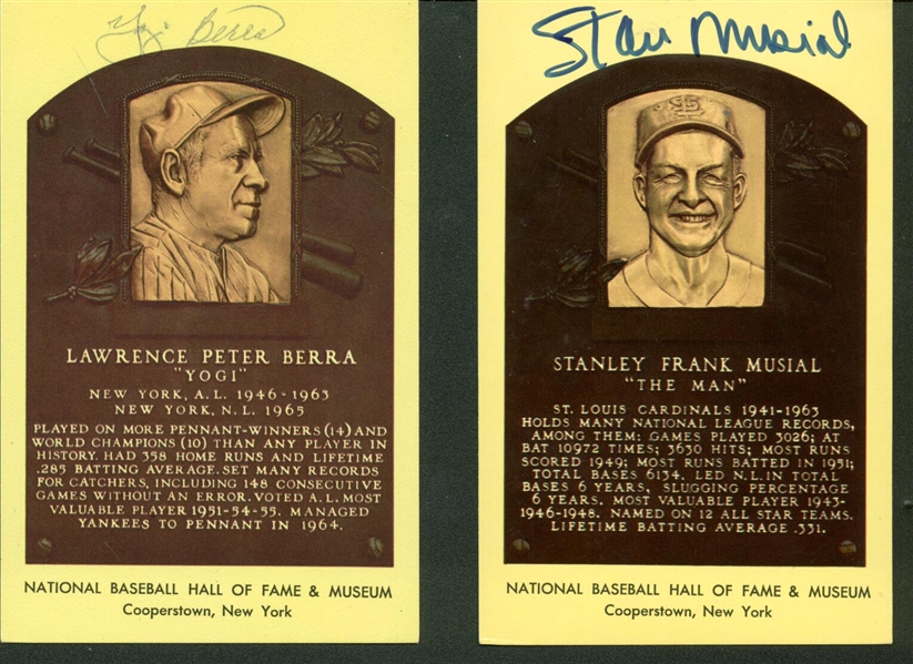 Yogi Berra & Stan Musial Signed HOF Plaque Cards (JSA)