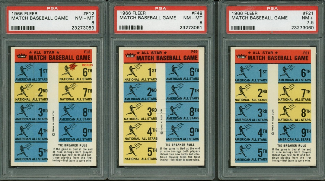 Lot of Three (3) Original 1966 Fleer Match Baseball Game Baseball Cards (PSA)