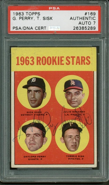 1963 Topps #169 Signed Rookies Card w/ Gaylord Perry & Tommie Sisk (PSA/DNA NM 7)