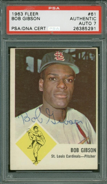 1963 Fleer #61 Signed Bob Gibson Trading Card PSA/DNA NM 7!