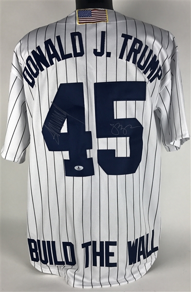 President Elect Donald Trump & Vice President Elect Mike Pence Dual Signed Yankees "Build The Wall" Jersey (Beckett/BAS)