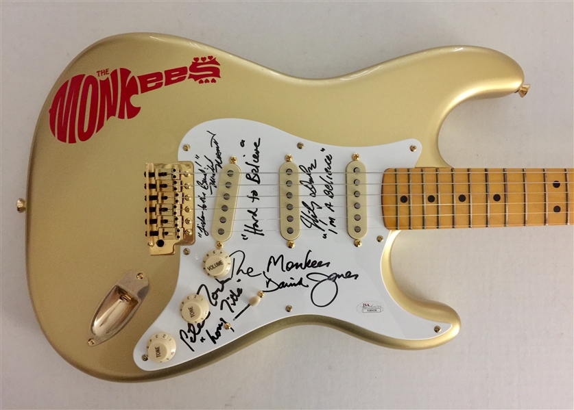 The Monkees Rare Group Signed Fender Squier 60th Anniversary Gold Stratocaster Guitar (4 Sigs)(JSA)