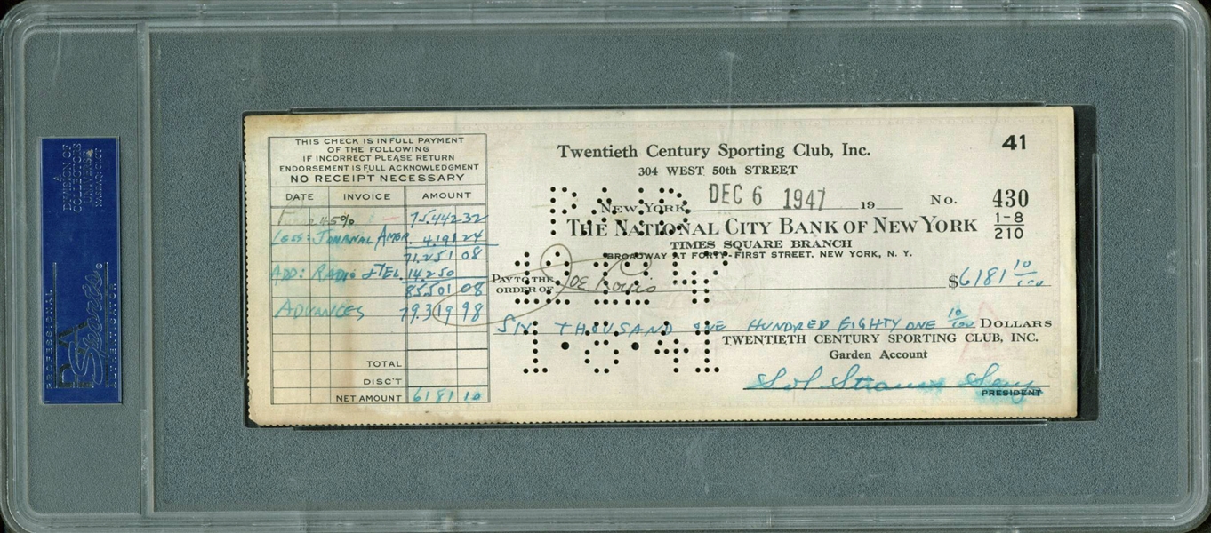 Joe Louis Signed 1947 Check for Purse from Walcott Fight (PSA/DNA Encapsulated)