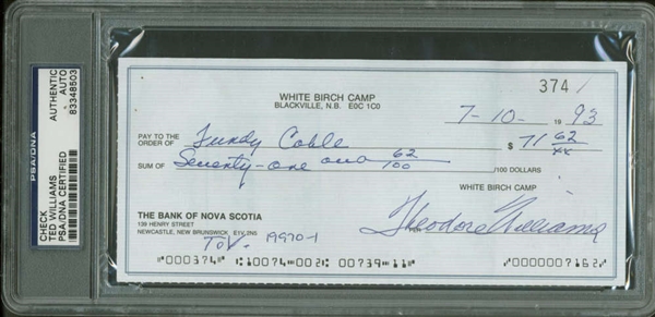 Ted Williams Near-Mint Signed Personal Bank Check (PSA/DNA Encapsulated)