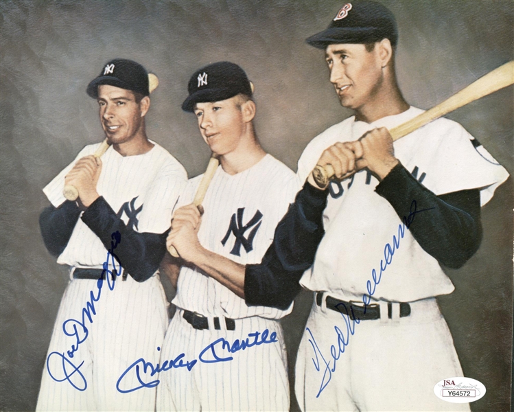 Mickey Mantle, Ted Williams & Joe DiMaggio Signed 8" x 10" Rare Color Photograph (JSA)