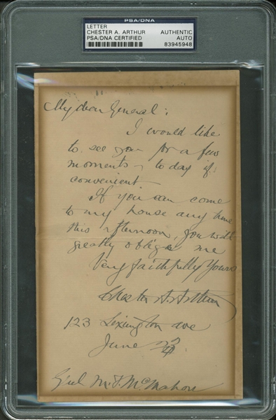 President Chester A. Arthur Signed & Hand Written 4" x 6" Letter (PSA/DNA Encapsulated)