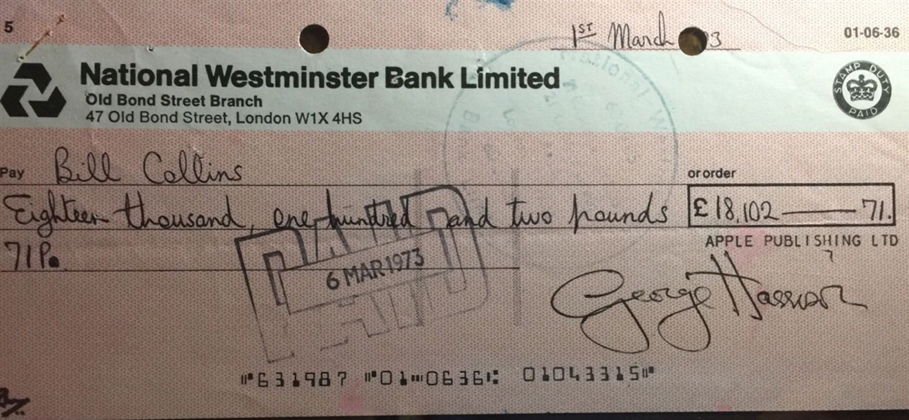 The Beatles: George Harrison Signed 1971 Apple Publishing Bank Check For 18 K Sum! (TPA Guaranteed)