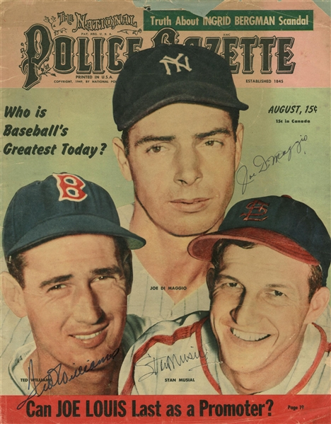 Joe DiMaggio, Ted Williams & Stan Musial Rare Signed 1949 Police Gazette Magazine (PSA/DNA)