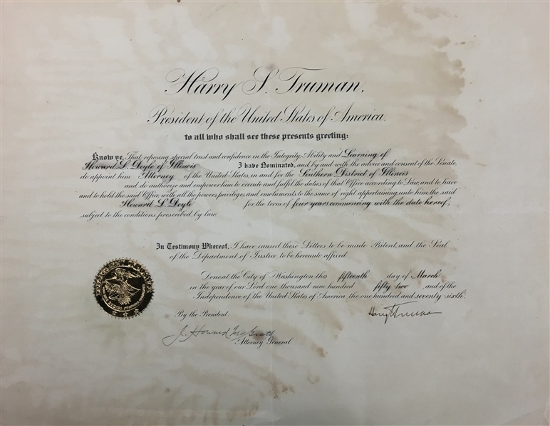 Harry Truman Signed 1952 Presidential Appointment (TPA Guaranteed)