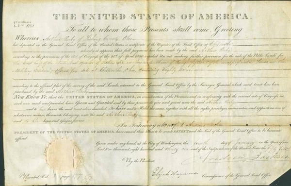 President Andrew Jackson Signed 1831 Presidential Land Grant (PSA/DNA)