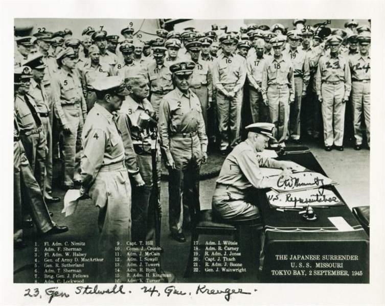 WWII: Chester Nimitz Rare Signed & Inscribed 5.25"x7.25" Photograph at Japanese Surrender (PSA/DNA)