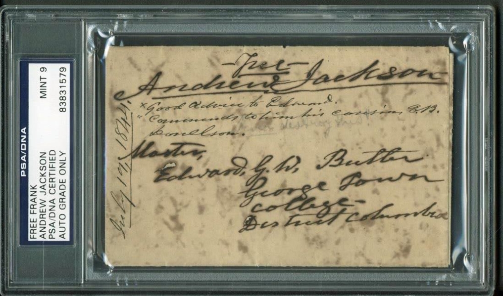 President Andrew Jackson Impressive Signed 3" x 5" 1844 Free Frank PSA/DNA Graded MINT 9!