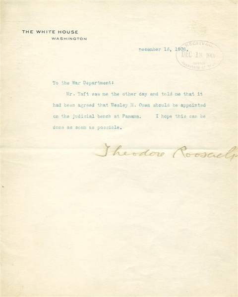 President Theodore Roosevelt Signed 1908 White House Letter To The War Department w/ Taft Content! (PSA/DNA)