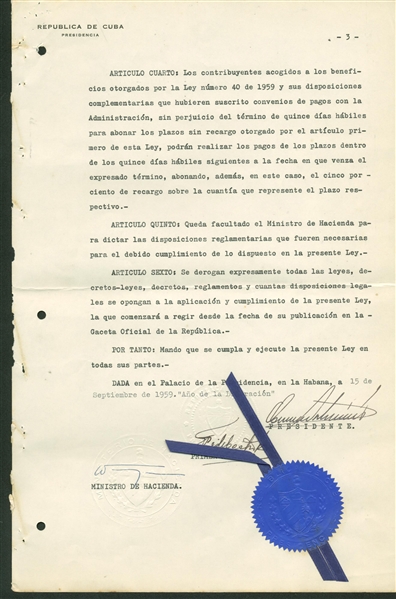 Fidel Castro Signed Vintage 1959 Triple Signed Three Page Document (PSA/DNA)