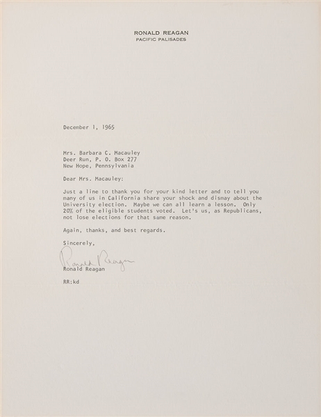 Ronald Reagan Vintage Signed 1965 Typed Letter w/ Republican Party/Election Content! (TPA Guaranteed) 