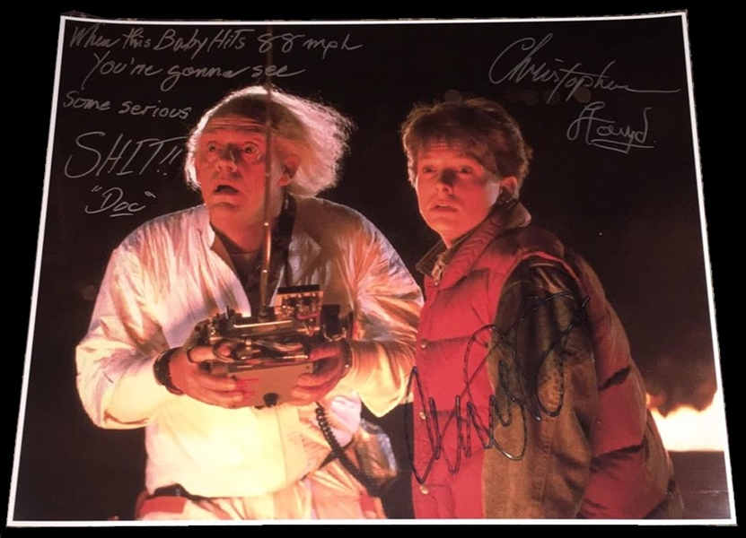 Back To The Future: Michael J. Fox & Christopher Lloyd Dual Signed 16" x 20" w/ Rare Inscription!  (TPA Guaranteed)