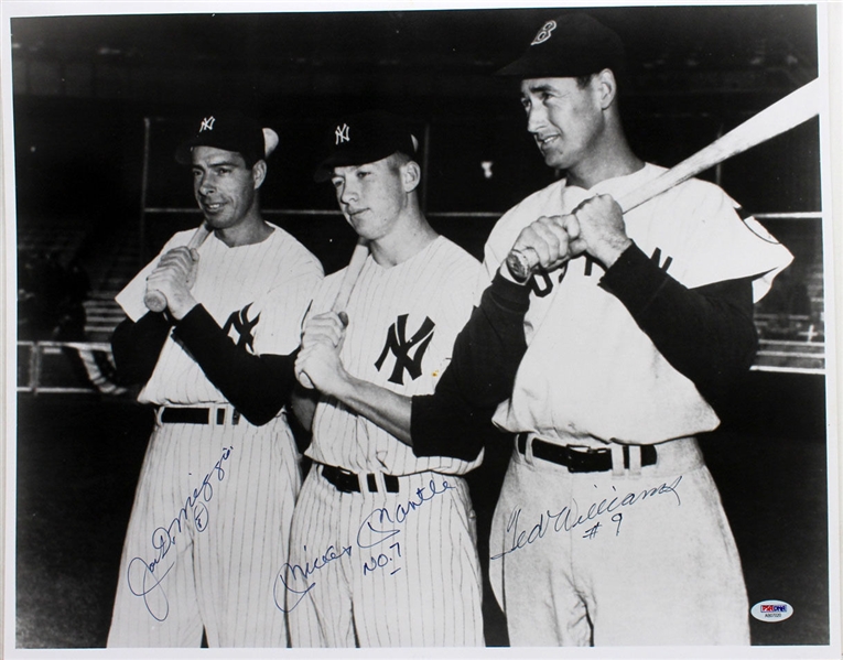 Mickey Mantle, Joe DiMaggio & Ted Williams Signed ULTRA-RARE 16" x 20" Over-Sized Photograph! (PSA/DNA)
