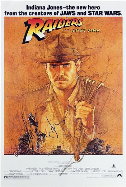 Indiana Jones: Harrison Ford & George Lucas Dual-Signed 12" x 18" "Raiders of the Lost Ark" Mini Poster (BAS/Beckett)