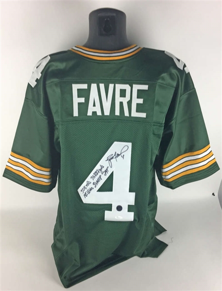 Brett Favre Signed Packers "Stat" Jersey with Five Handwritten Career Stats (Favre Holo & JSA)