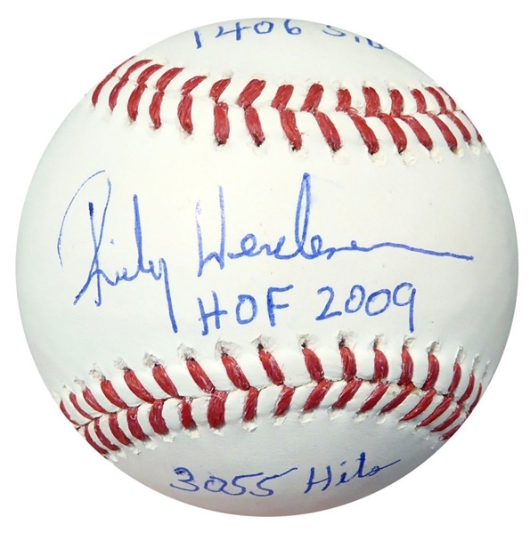 Rickey Henderson Signed OML Baseball w/ 3 Stats Inscribed (Steiner)