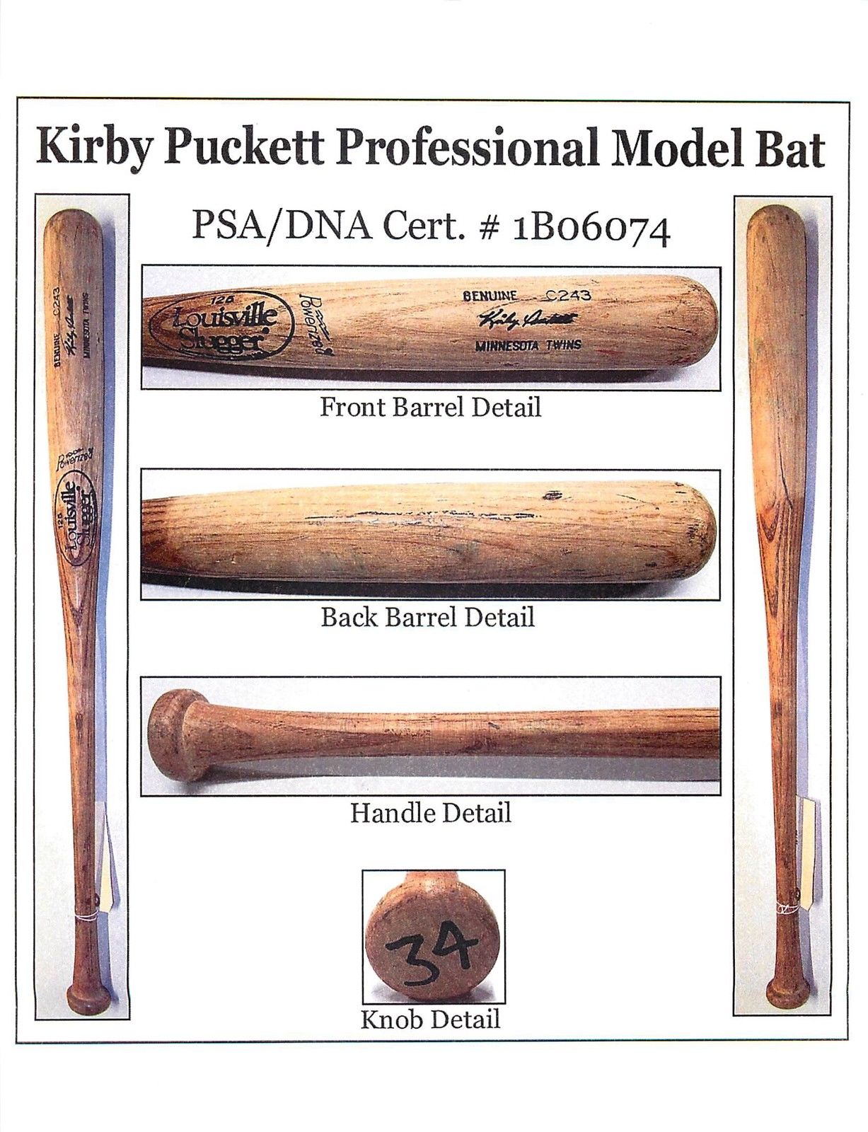 Kirby Puckett Signed Game Model Louisville Slugger Baseball Bat Rare Auto  JSA - Cardboard Memories
