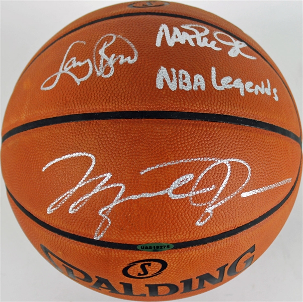 Michael Jordan, Larry Bird & Magic Johnson Signed "NBA Legends" Spalding NBA Game Model Leather Basketball (PSA/DNA & Bird Holo)
