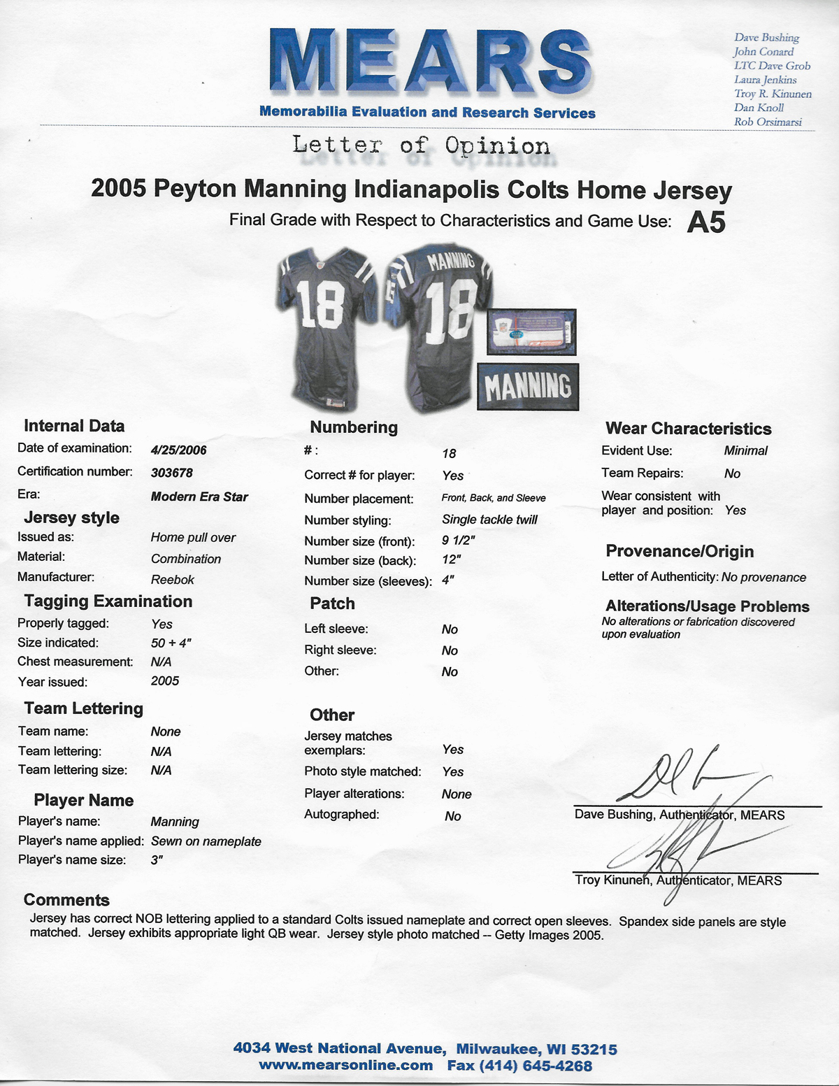 Lot Detail - 2005 Peyton Manning Game Worn Indianapolis Colts Home