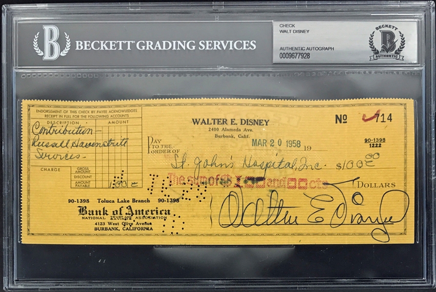 Walt Disney Signed Bank Check (Beckett Encapsulated)