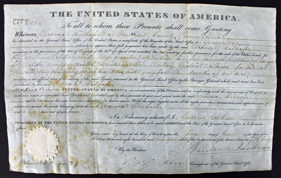President Andrew Jackson Signed 1829 Presidential Land Grant (PSA/DNA)