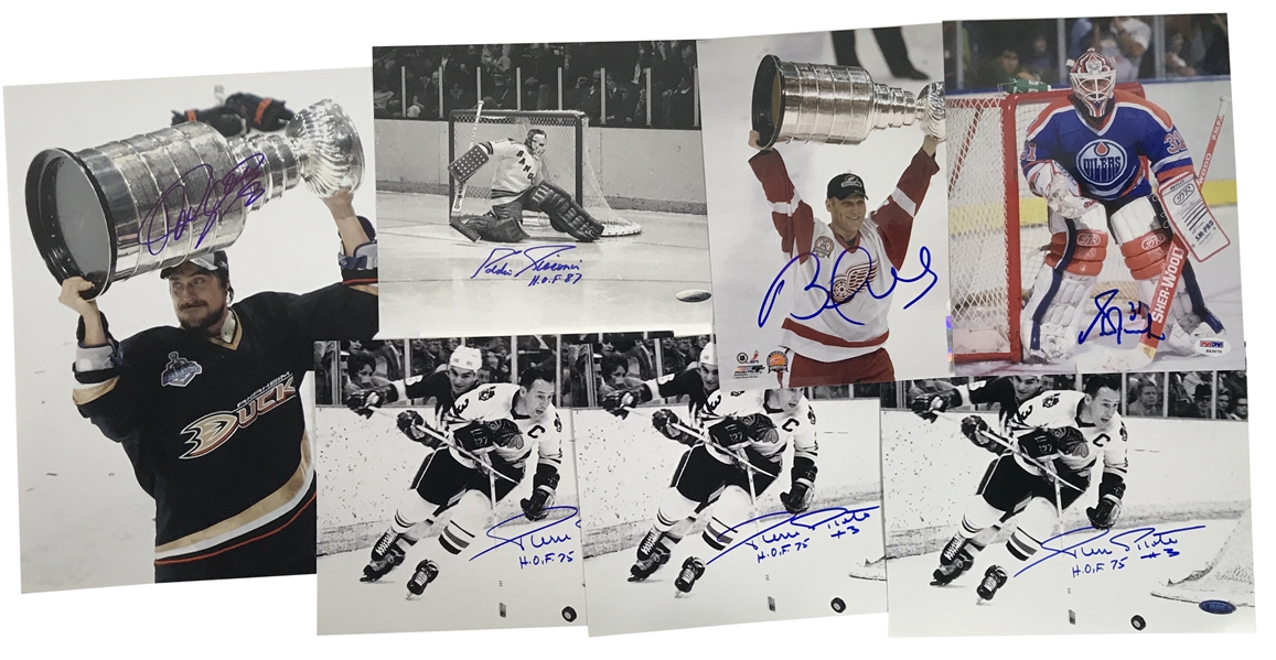 NHL Stars Signed Lot of Eight (8) Items w/ Hull, Fuhr, Selanne & Others! (PSA/DNA)