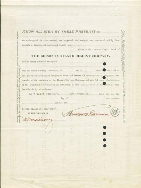 Thomas Edison Signed Edison Portland Cement Company Stock Certificate (PSA/DNA)