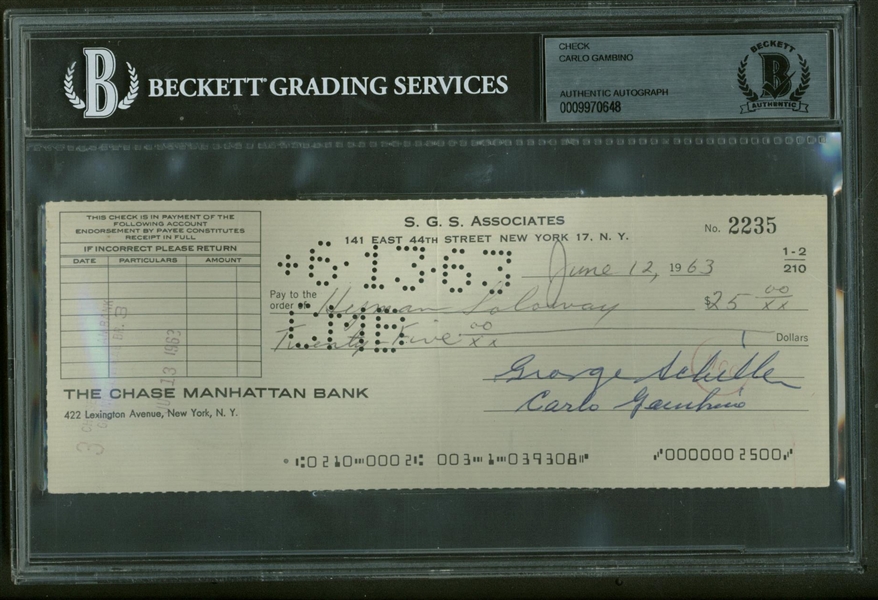 Carlo Gambino Signed 1963 Personal Manhattan Bank Check (Beckett)