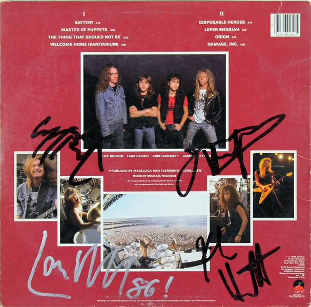 Metallica Group Signed "Master of Puppets" Record Album Cover with Cliff Burton! (BAS/Beckett)